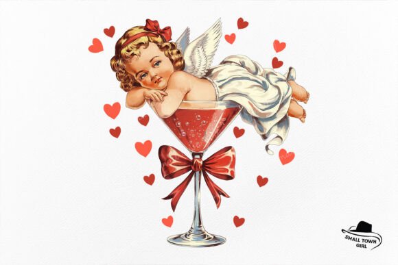 Retro Cupid Martini Glass Coquette Bow: A Playful Vintage Design Asset